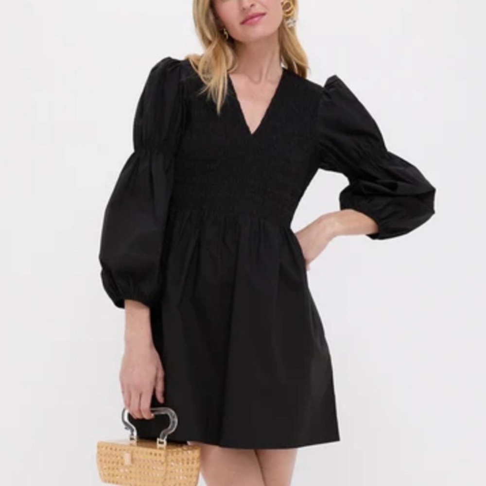 Pomander Place Black Brinkley Smocked V‑Neck Mini Dress with Puff Sleeves